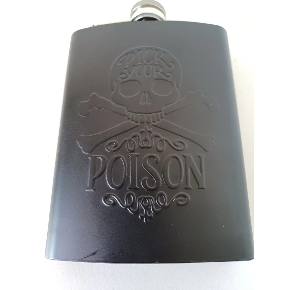 Pick Your Poison Halloween Black Skull Flask Drinkware